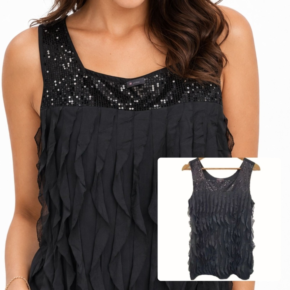 Cocomo Sequin Ruffle Tank Blouse Sheer Chiffon Party Cocktail Black L